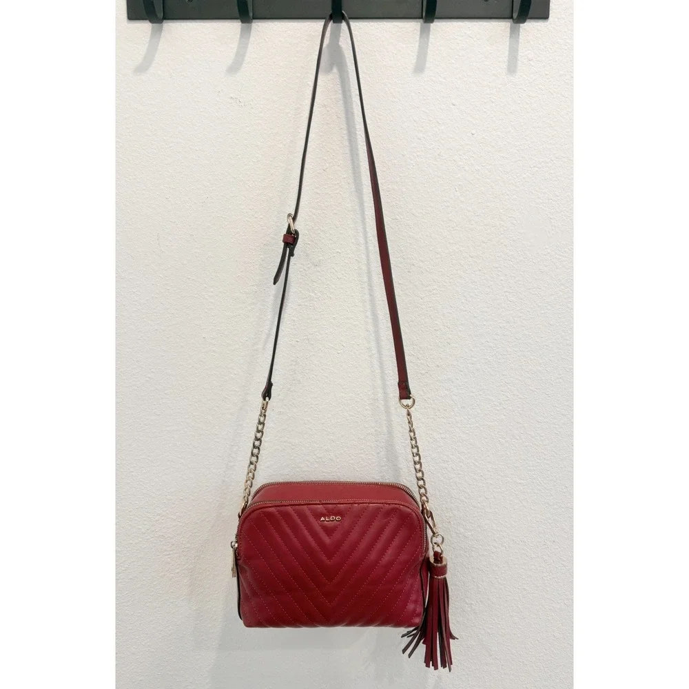 ALDO Small Red Chevron Quilted Crossbody Purse Bag Gold Accents + Tassel